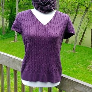 Jeanne Pierre Purple Cable Knit V Neck Short Sleeve Sweater Size M